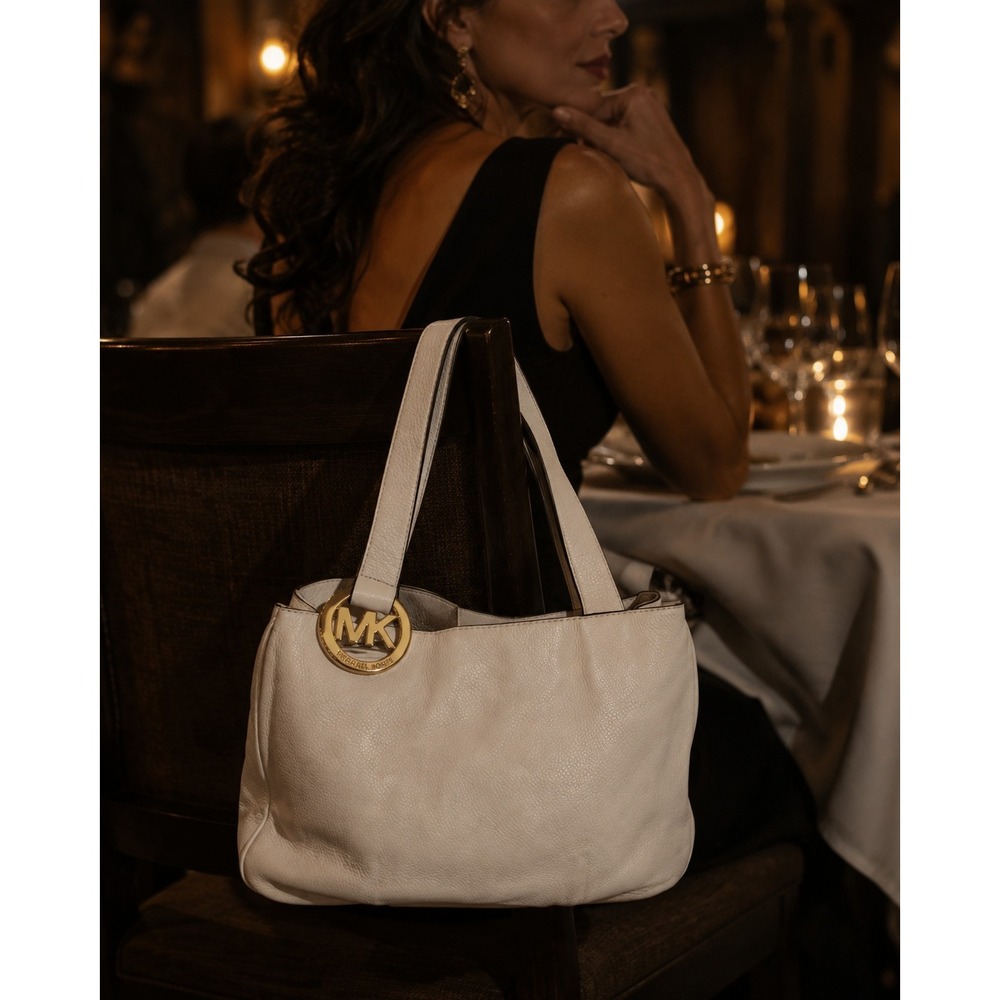 Michael Kors Fulton Shoulder Bag White Pebbled Leather Gold MK Logo Tote